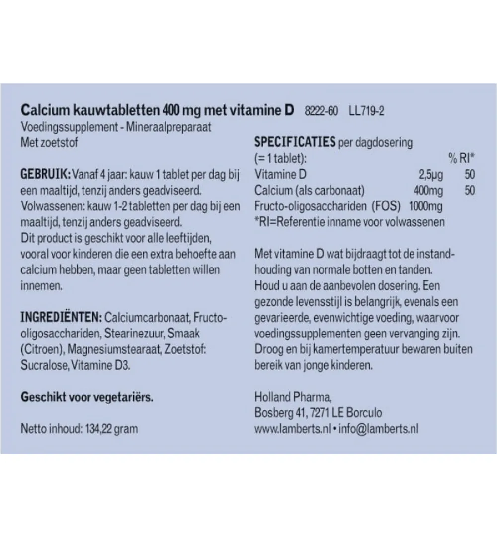 Lamberts Calcium 400mg + Vit. D en Fos (60 kauwtabletten)