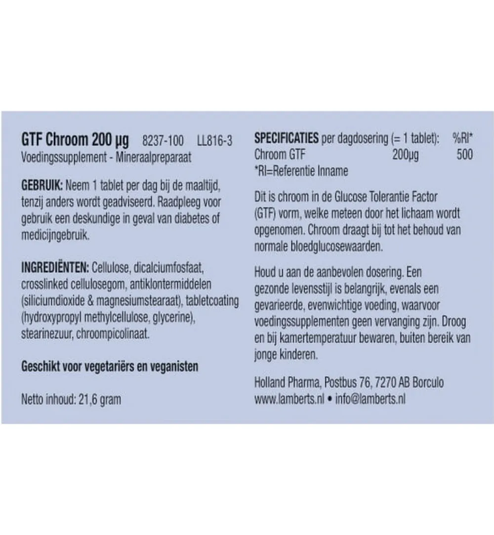 Lamberts Gtf Chroom 200Mcg (100 stuks)