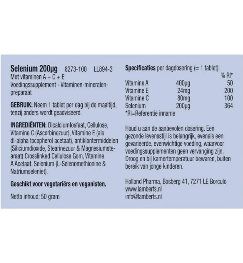 Lamberts Selenium 200mcg met vitamine A C E (100 tabletten)