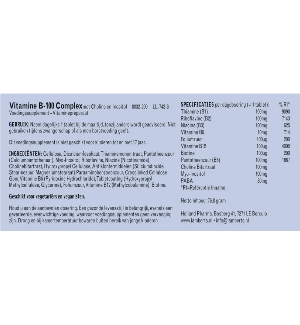 Lamberts Vitamine B100 complex (200 tabletten)