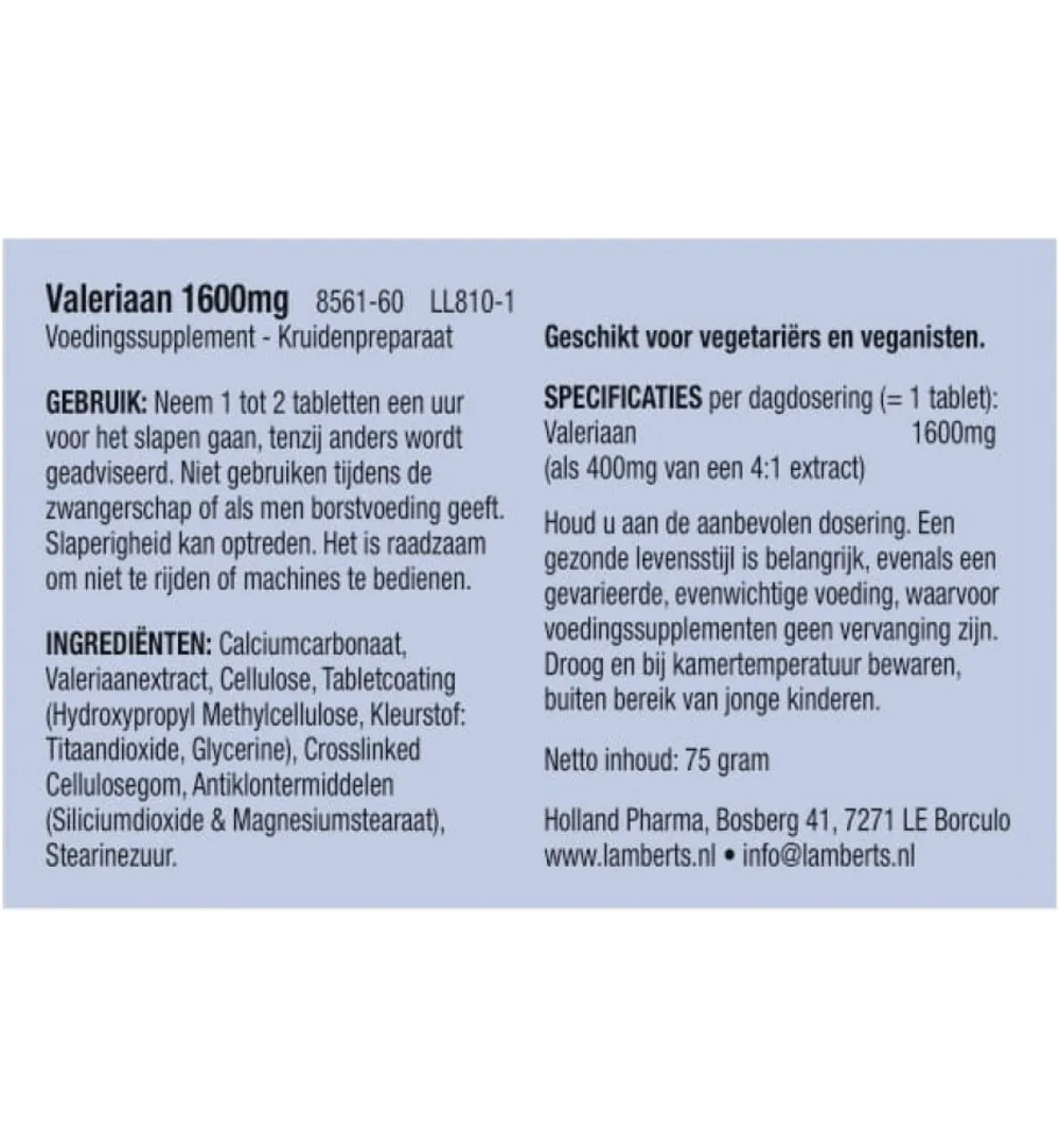Lamberts Valeriaan 1600mg (60 tabletten)
