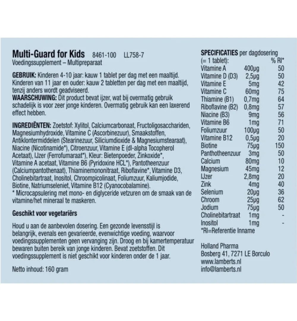 Lamberts Multi-Guard For Kids (100 kauwtabletten)