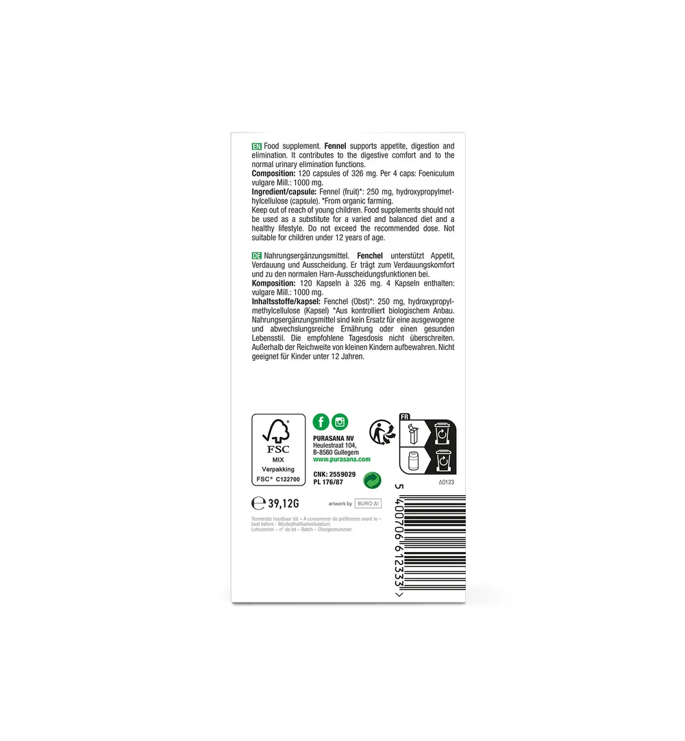 Purasana Venkel/Fenouil Vegan Bio (120 vega capsules) - image 3