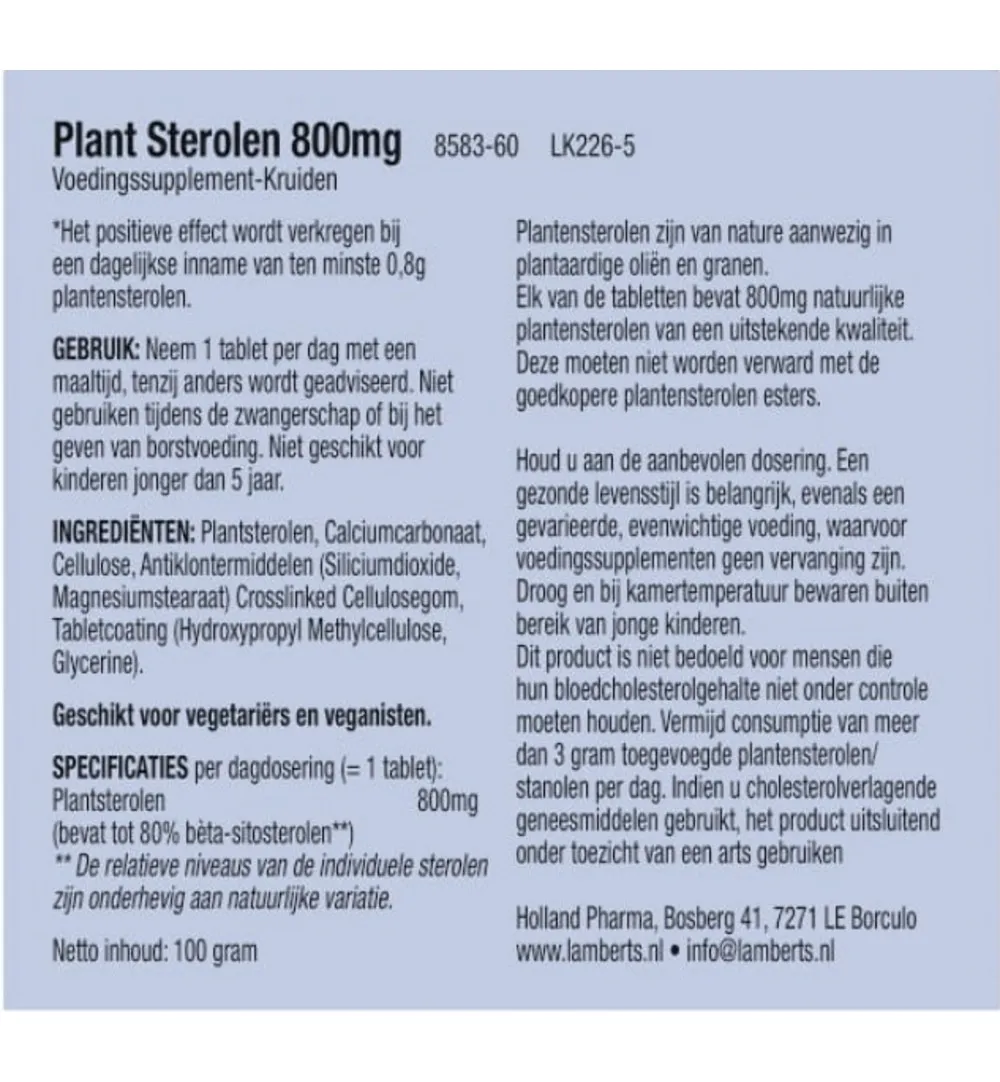 Lamberts Plant Sterolen 800Mg (60 tabletten)