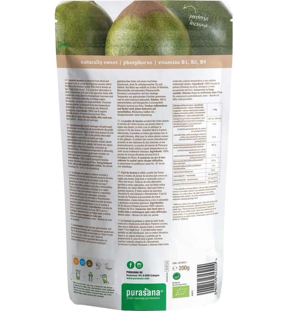 Purasana Lucuma Poeder/Poudre Vegan Bio (200 gr)