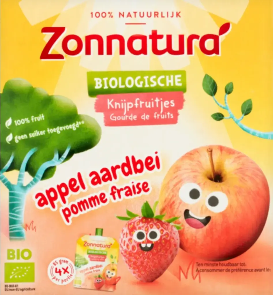 Zonnatura Knijpfruit Appel/Aardbei (4 X 85 gr)