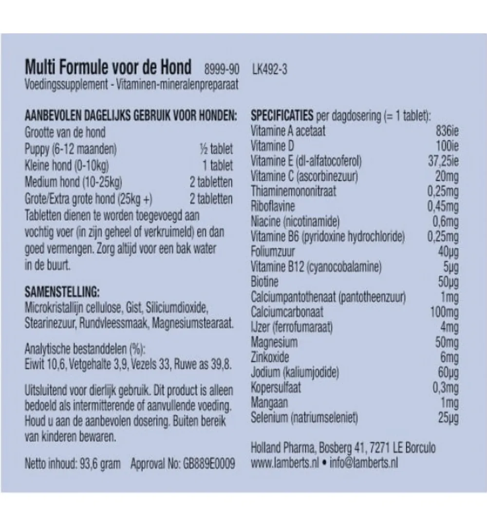 Lamberts Multi Formule Voor Dieren Hond (90 Tabletten)