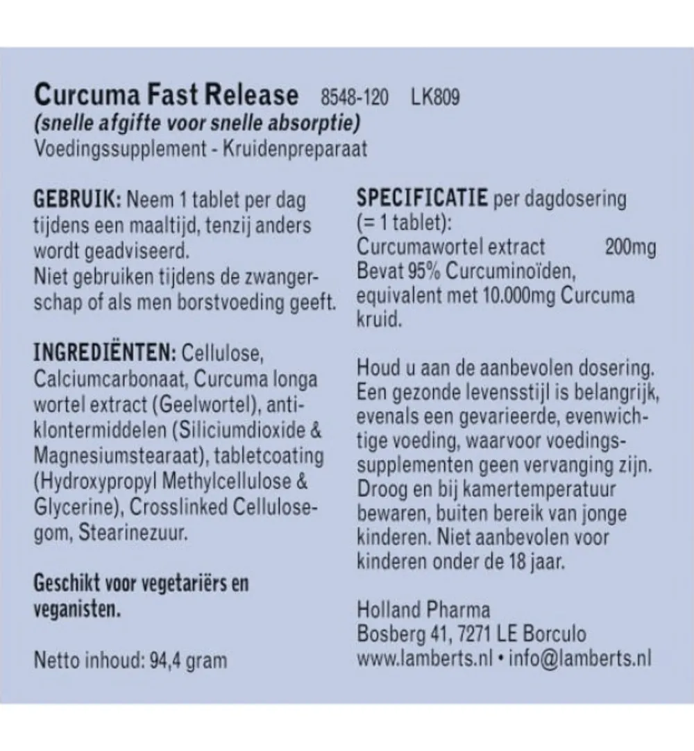 Lamberts Curcuma fast release (120 tabletten)