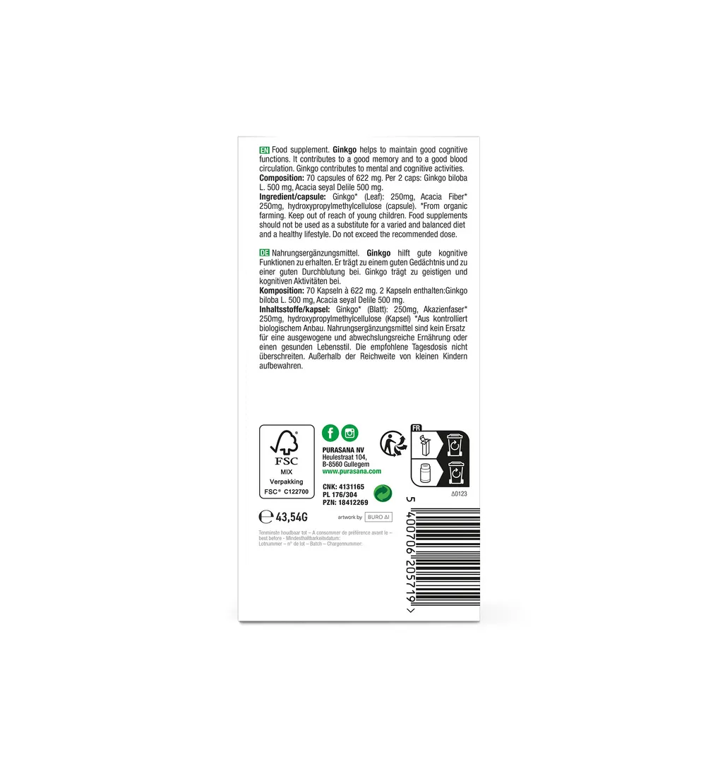 Purasana Ginkgo Biloba Vegan Bio (70 vega capsules) - image 3
