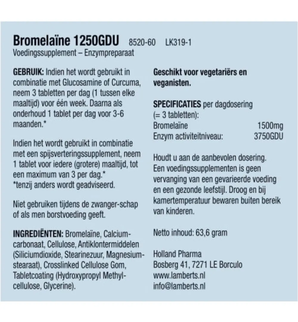 Lamberts Bromelaine 1250Gdu (60 tabletten)
