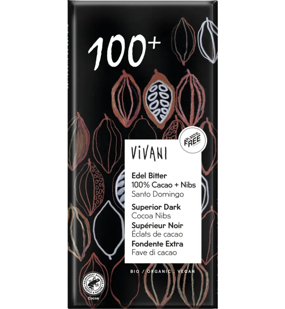 Vivani Chocolade Puur Superieur 100% + Cacao Nibs Bio (80 gr)