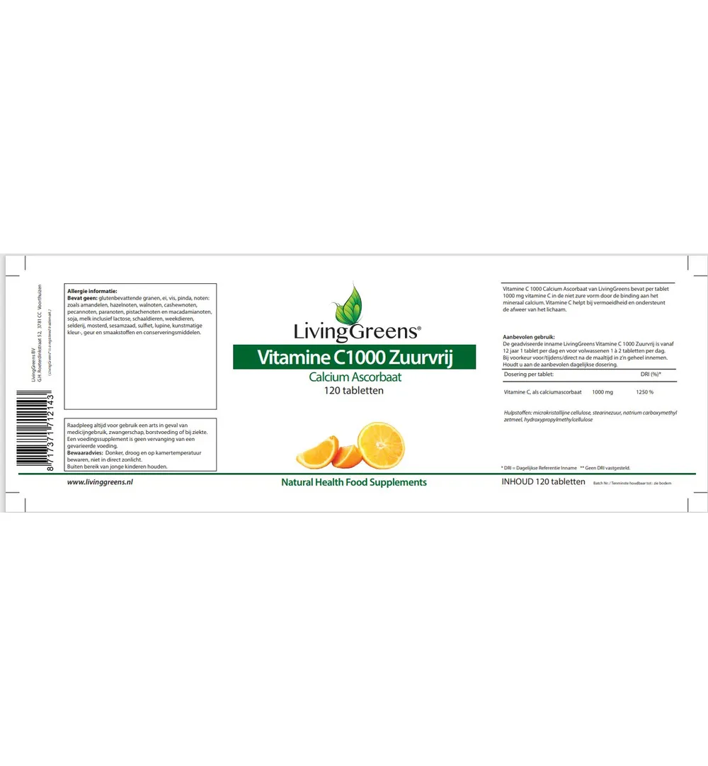 LivingGreens Vitamine C 1000 calcium ascorbaat (120 tabletten)