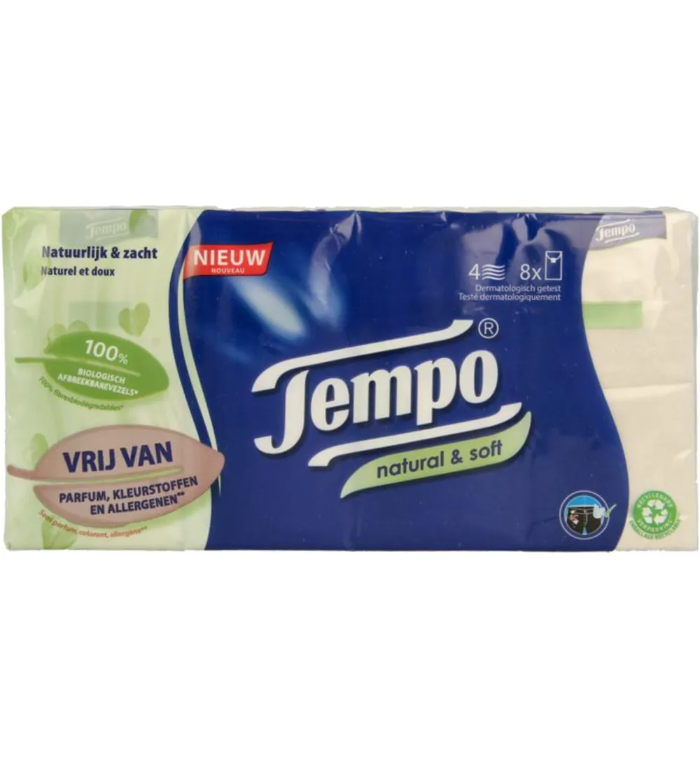 Tempo Natural & Soft Zakdoekjes (8 X 9 stuks)