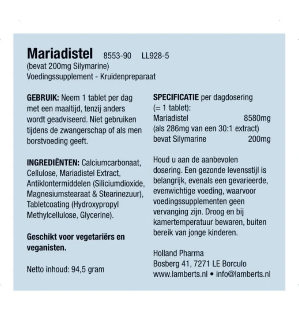 Lamberts Mariadistel 200mg silymarin (90 tabletten)