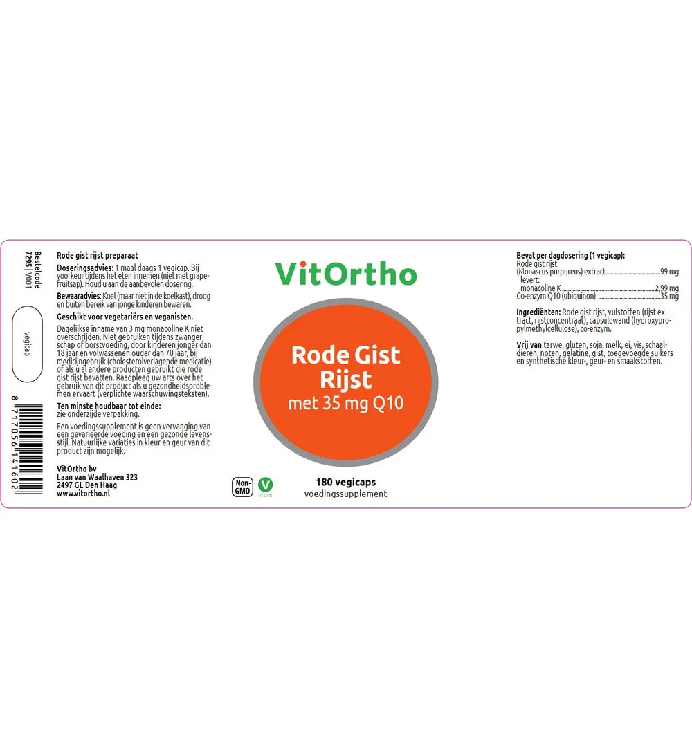 VitOrtho Rode gist rijst 35mg Q10 (180 vega capsules)
