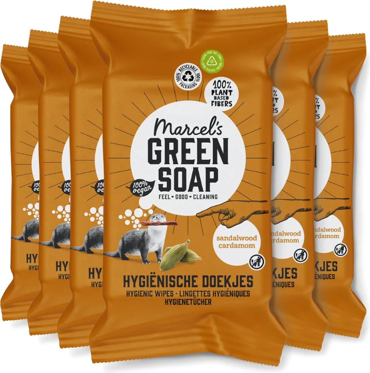 6x Marcel's Green Soap cleansing wipes sandelhout & kardemom (60 stuks)