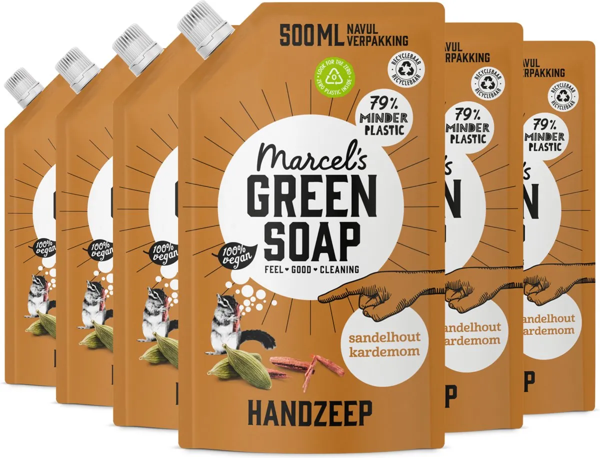 6x Marcel's Green Soap Handzeep sandelhout & kardemom navul (500 ml)