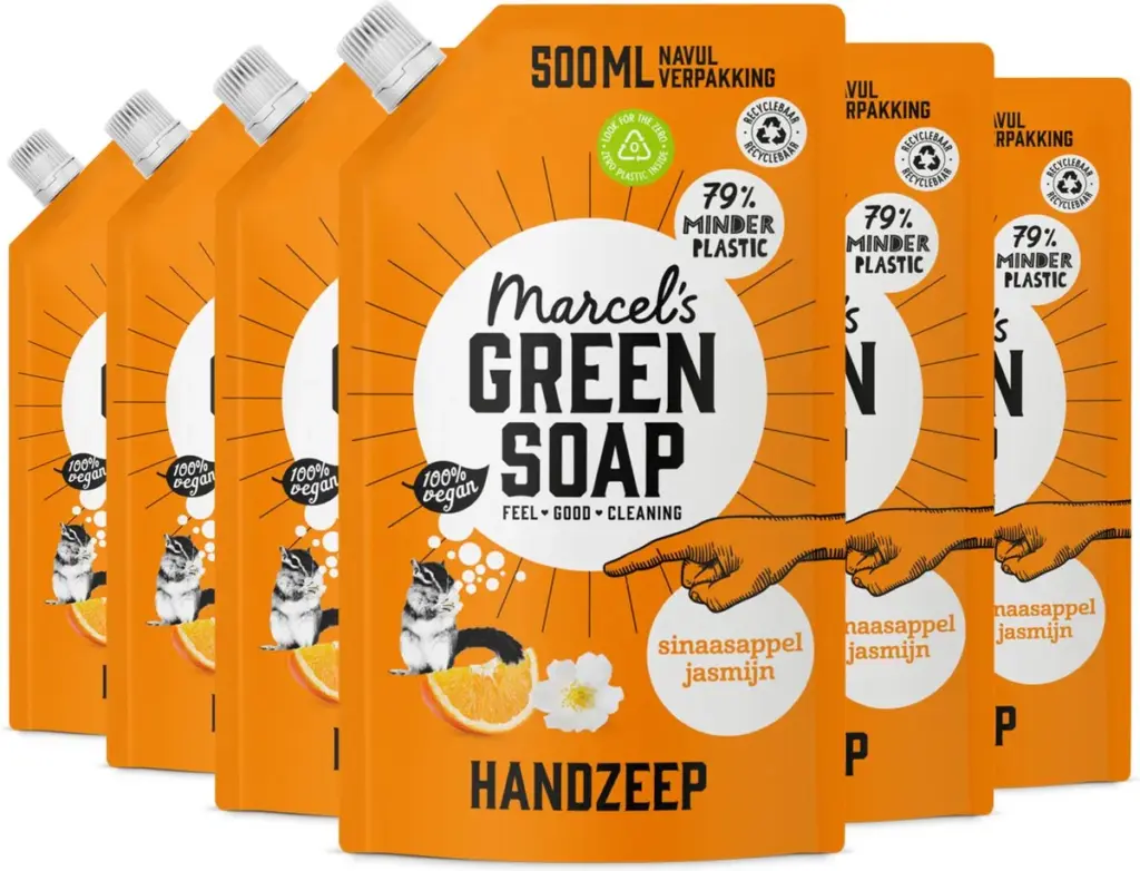 6x Marcel's Green Soap Handzeep sinaasappel & jasmijn navul (500 ml)
