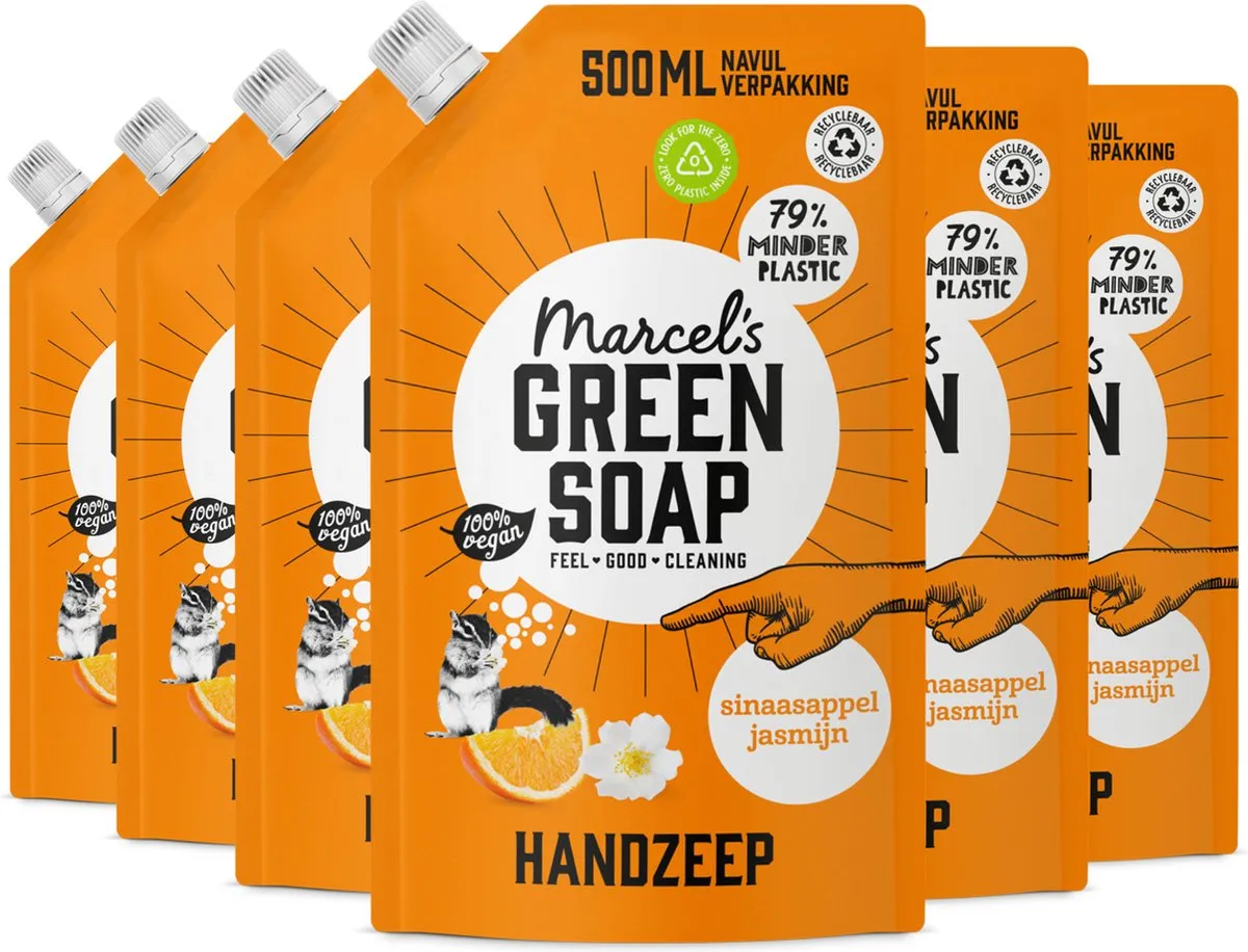 6x Marcel's Green Soap Handzeep sinaasappel & jasmijn navul (500 ml)