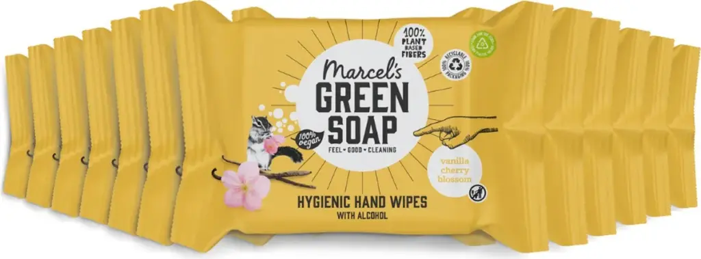 12x Marcel's Green Soap Hand wipes vanilla & cherry blossom bio (15 stuks)