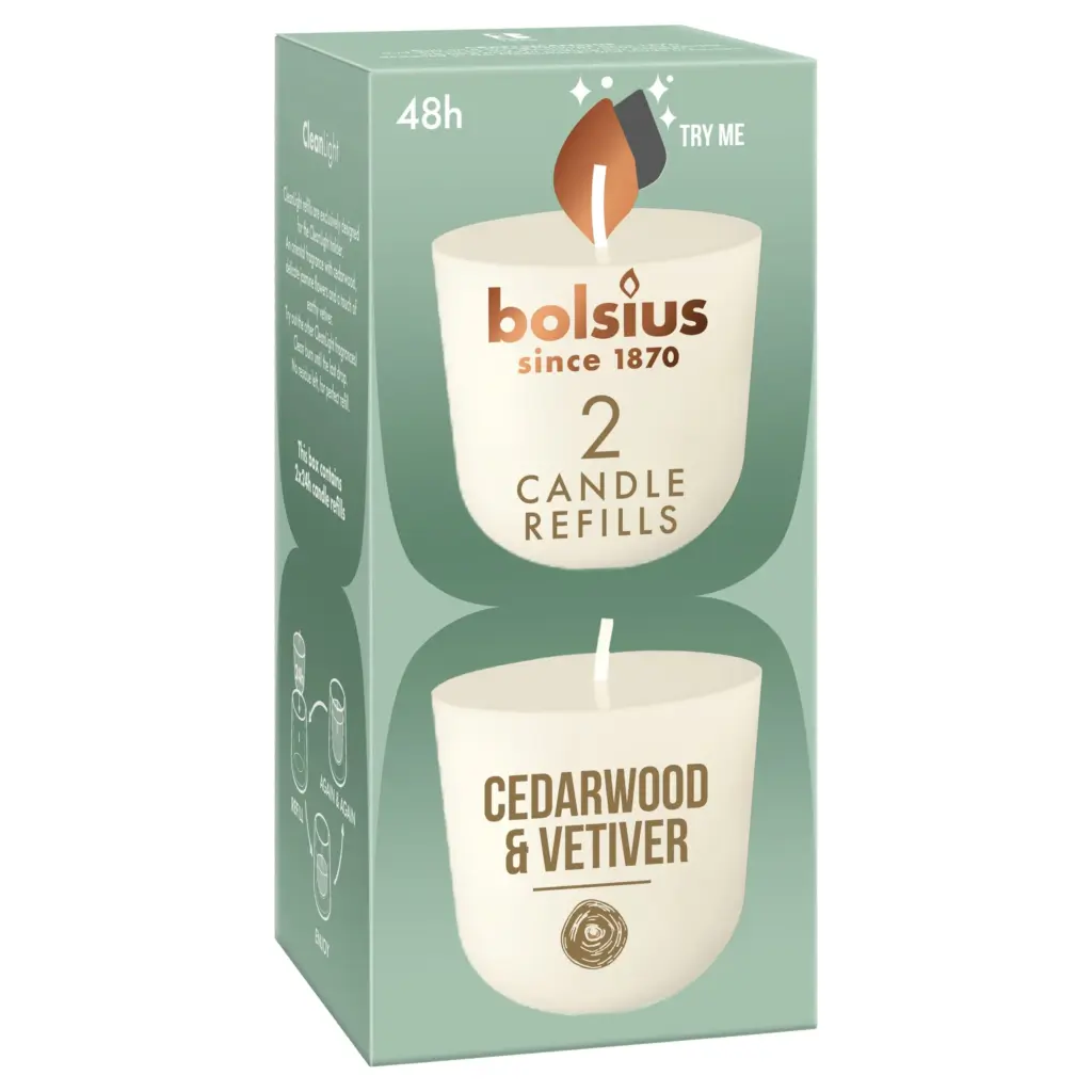 Bolsius Navulling Clean Light pack 2 Cedarwood & Vetiver (2 stuks)