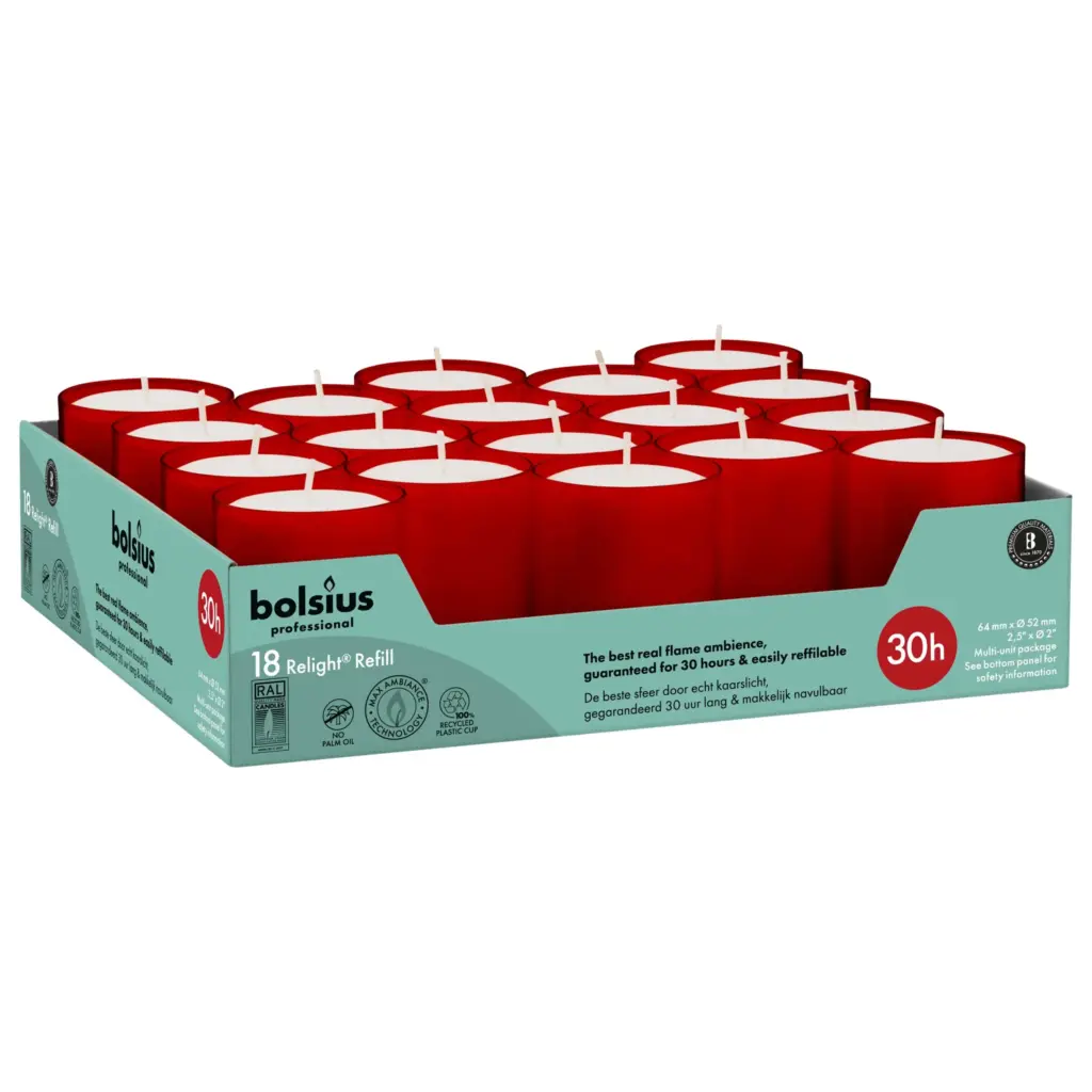 Bolsius Horeca Relight Navullingen 64/52 Rood (18 stuks)