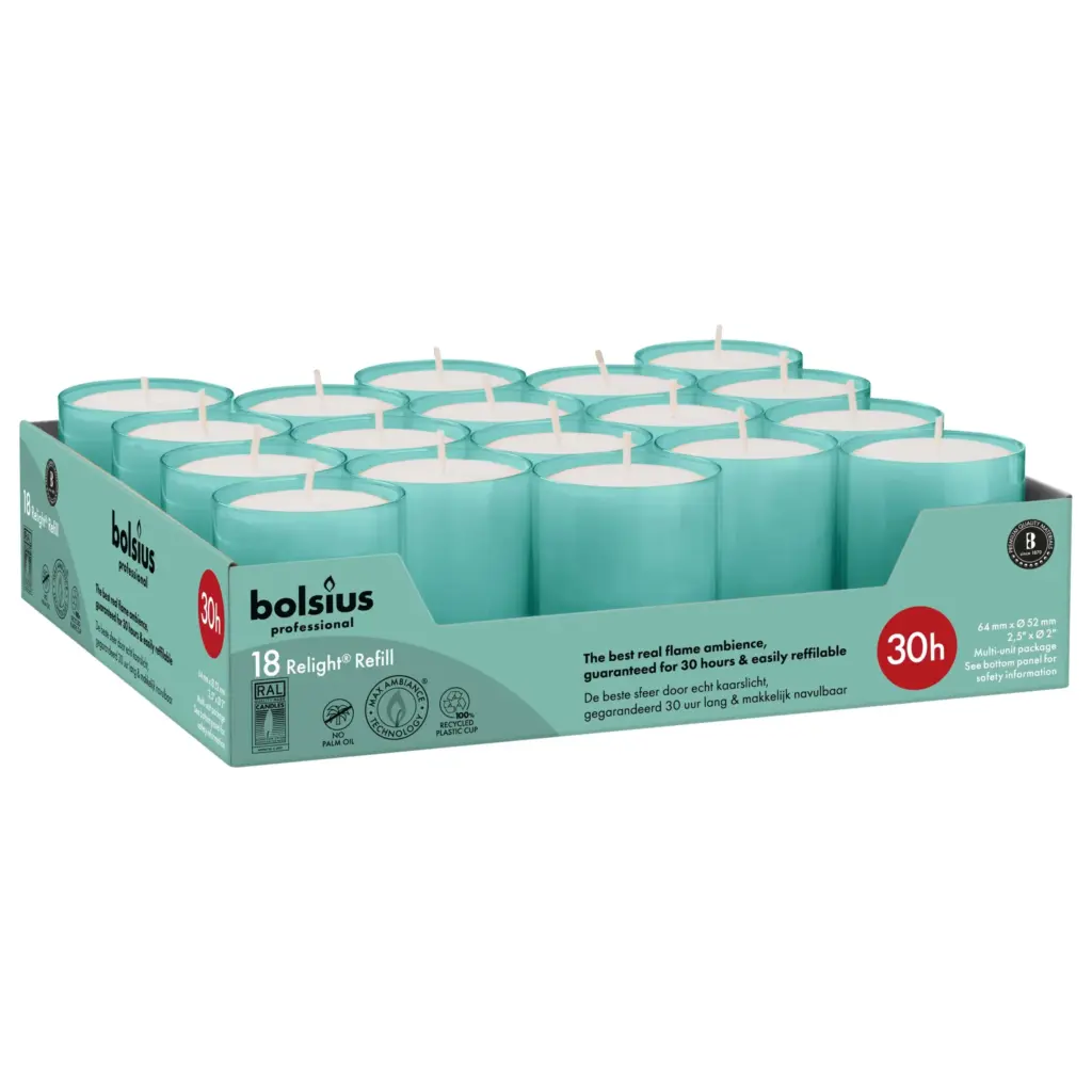 Bolsius Horeca Relight Navullingen 64/52 Aqua (18 stuks)