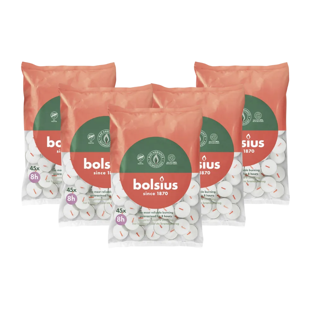 5x Bolsius Duurzaam Theelicht 8-Uur Zak Wit (45 stuks)