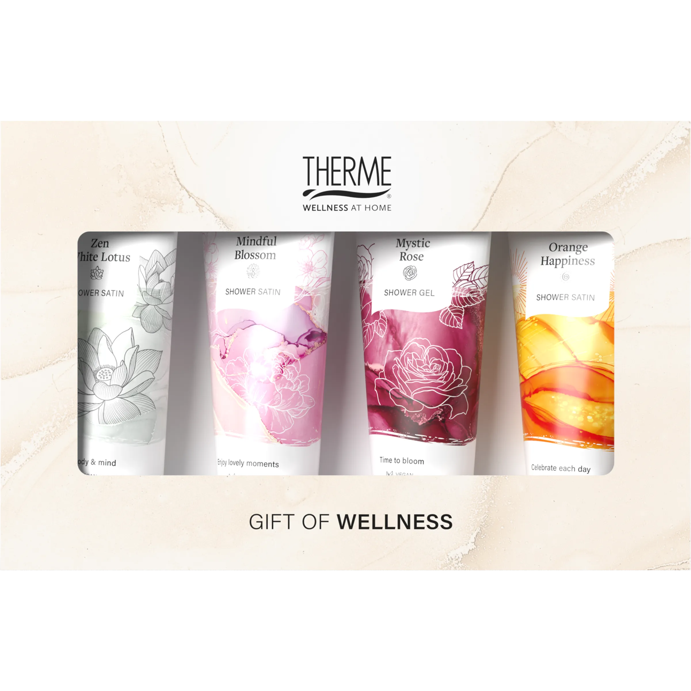 Therme Gift Set Favorites Shower Satin Zen White Lotus, Mindful Blossom, Orange Happiness, Showergel Mystic Rose (1 set)