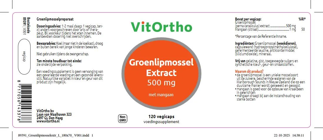VitOrtho Groenlipmossel Extract 500 mg (120 vega capsules)