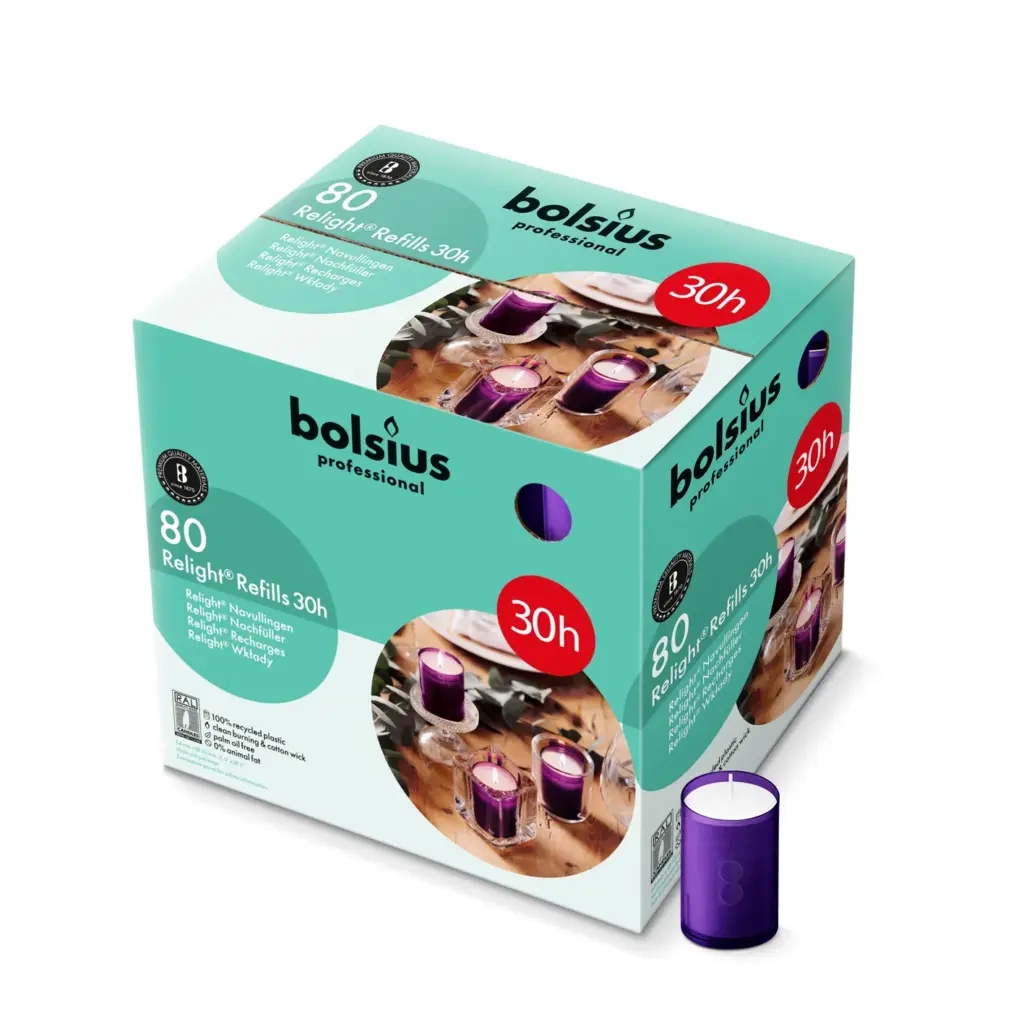 Bolsius Horeca Relight® Plus Navullingen 64/52 Paars (80 stuks)