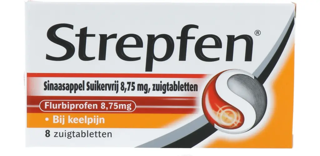 Strepfen Flurbiprofen 8,75mg sinaasappel Suikervrij (8 zuigtabletten)