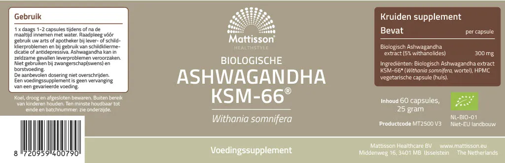Mattisson Organic Ashwagandha Ksm-66 300Mg Met Bioperine (60 capsules)