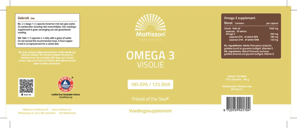 Mattisson Fos Omega 3 Visolie Epa 18% / Dha 12% 1000Mg (120 capsules)