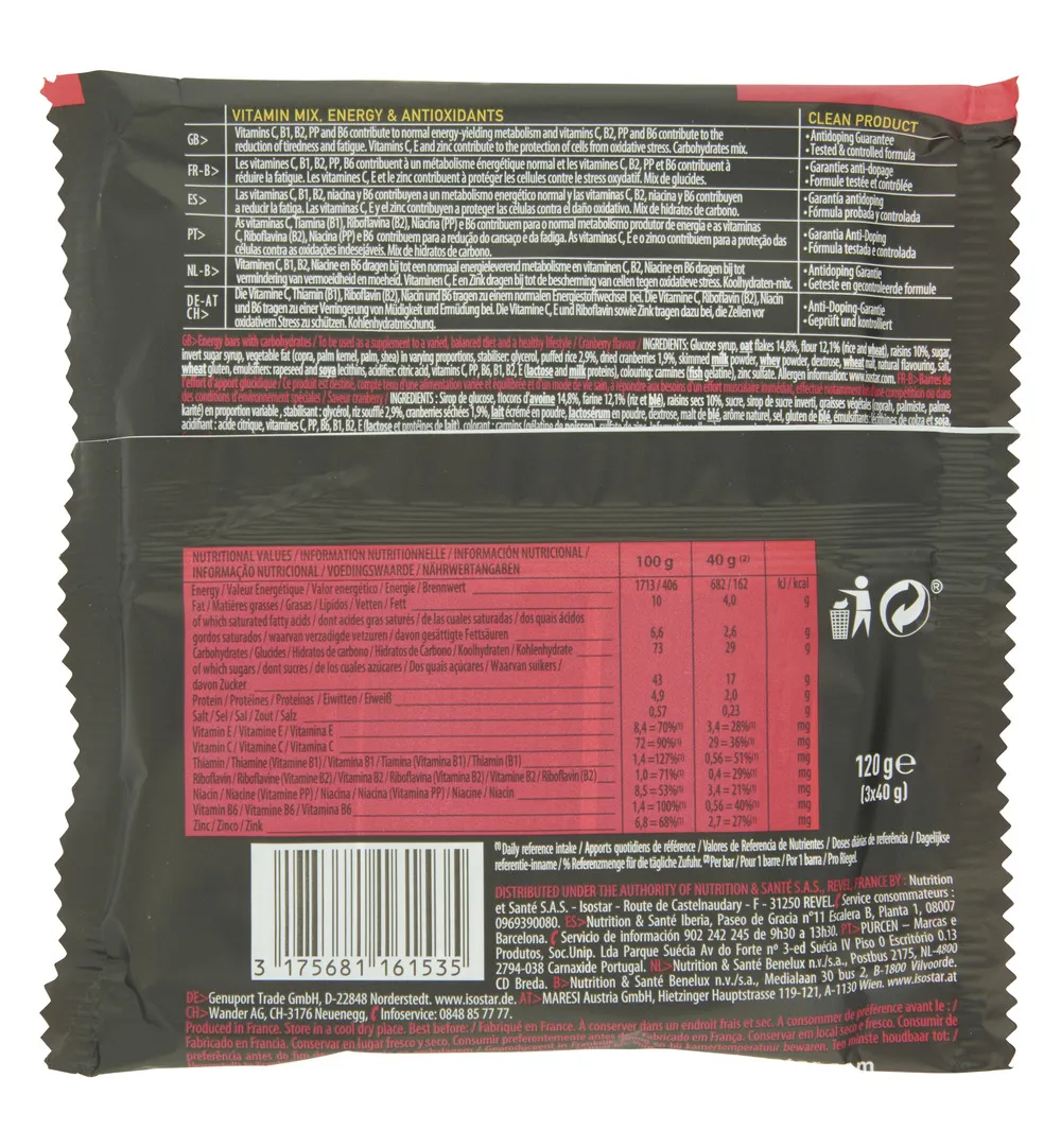 Isostar Energy Sport Bar Cereals Raisin Cranberry 3 X 40G (120 gr)