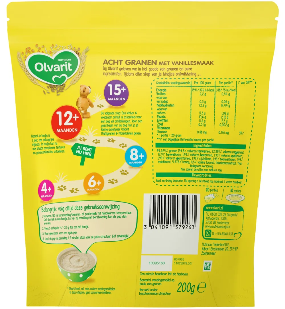 Olvarit Ontbijtpap 8granen vanille 12+ maanden (200 gr)
