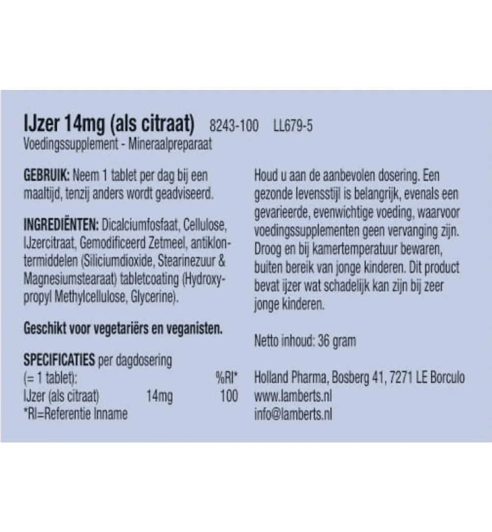 Lamberts IJzer citraat 14mg (100 tabletten)