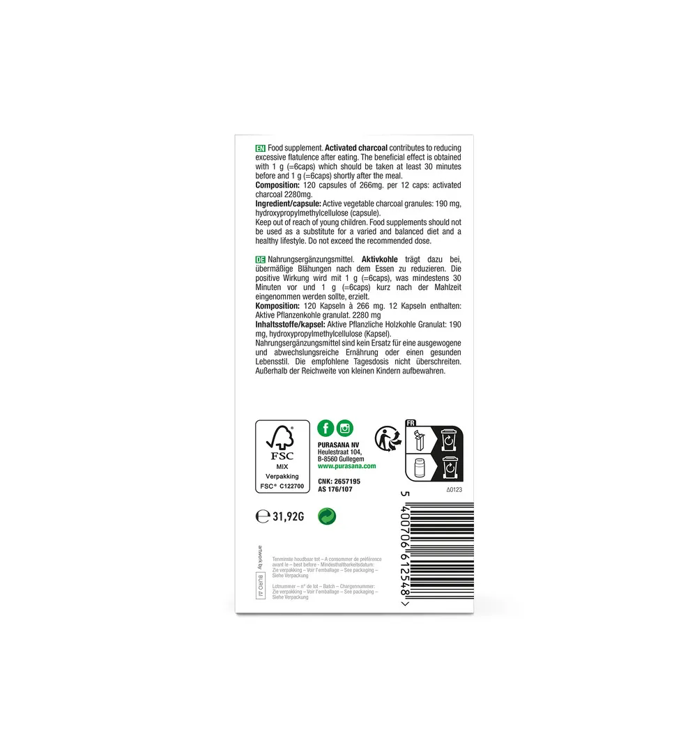 Purasana Plantaardige Houtskool/Charbon Vegetal Vegan (120 capsules) - image 3