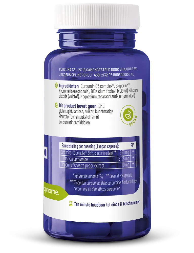 Vitakruid Curcuma C3-2X (95% Curcuminoïden) met Bioperine® (60 vega capsules) - image 2