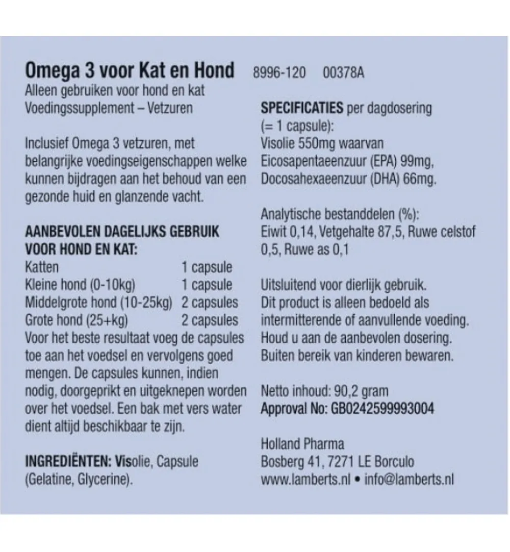 Lamberts Omega 3 Voor Dieren Hond En Kat (120 capsules)