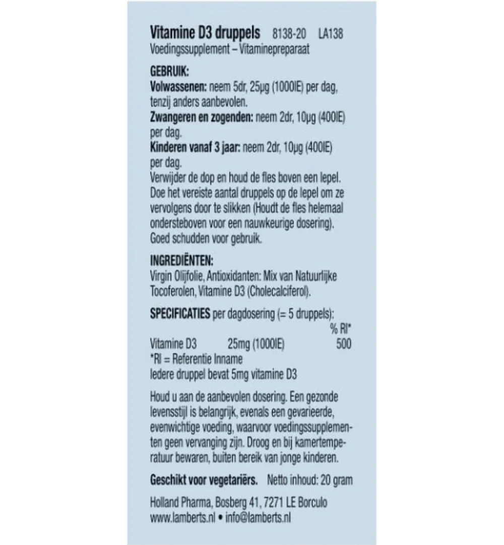 Lamberts Vitamine D3 druppels (20 ml)