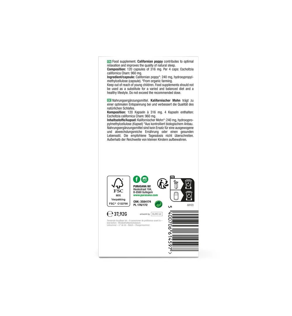 Purasana Slaapmutsje/Pavot De Californie Vegan Bio (120 vega capsules) - image 3
