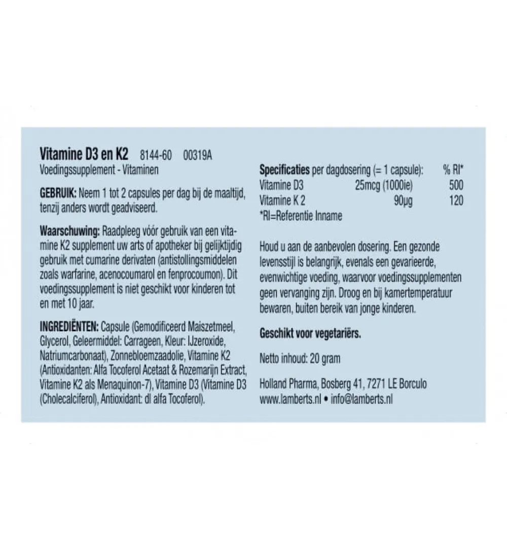 Lamberts Vitamine D3 1000IE en K2 90mcg (60 capsules)