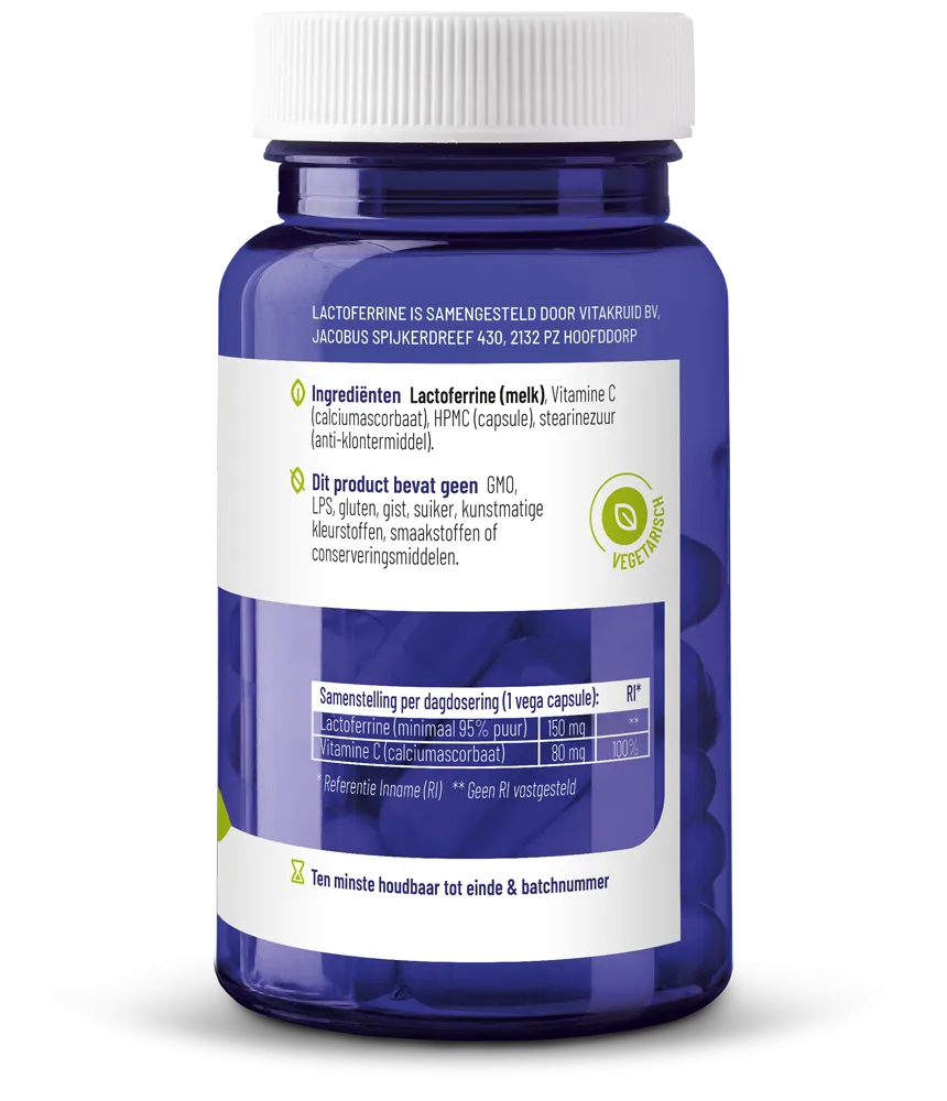 Vitakruid Lactoferrine 150 mg Minimaal 95% Puur + Vitamine C (60 vega capsules) - image 2