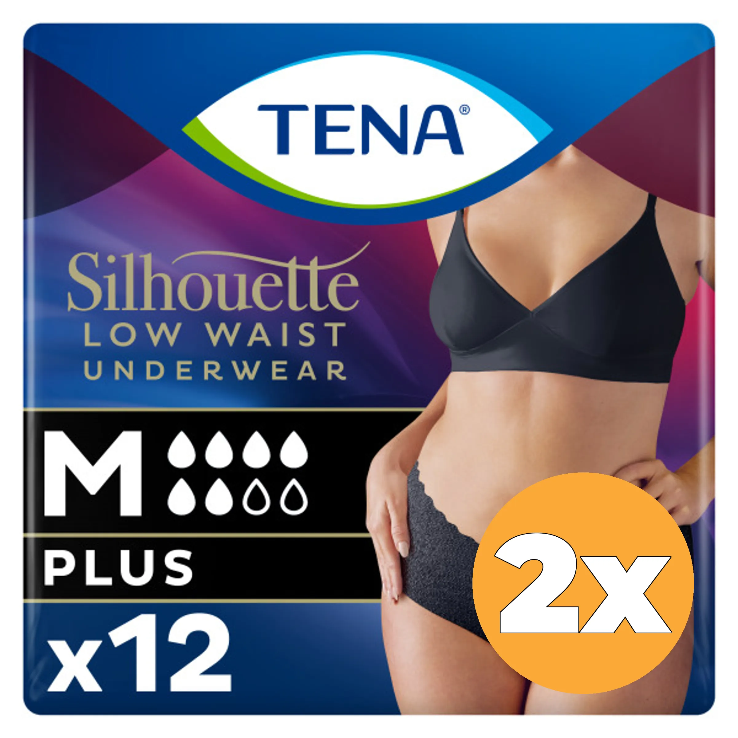 2x Tena Silhouette Plus Noir - Lage Taille M (12 stuks)