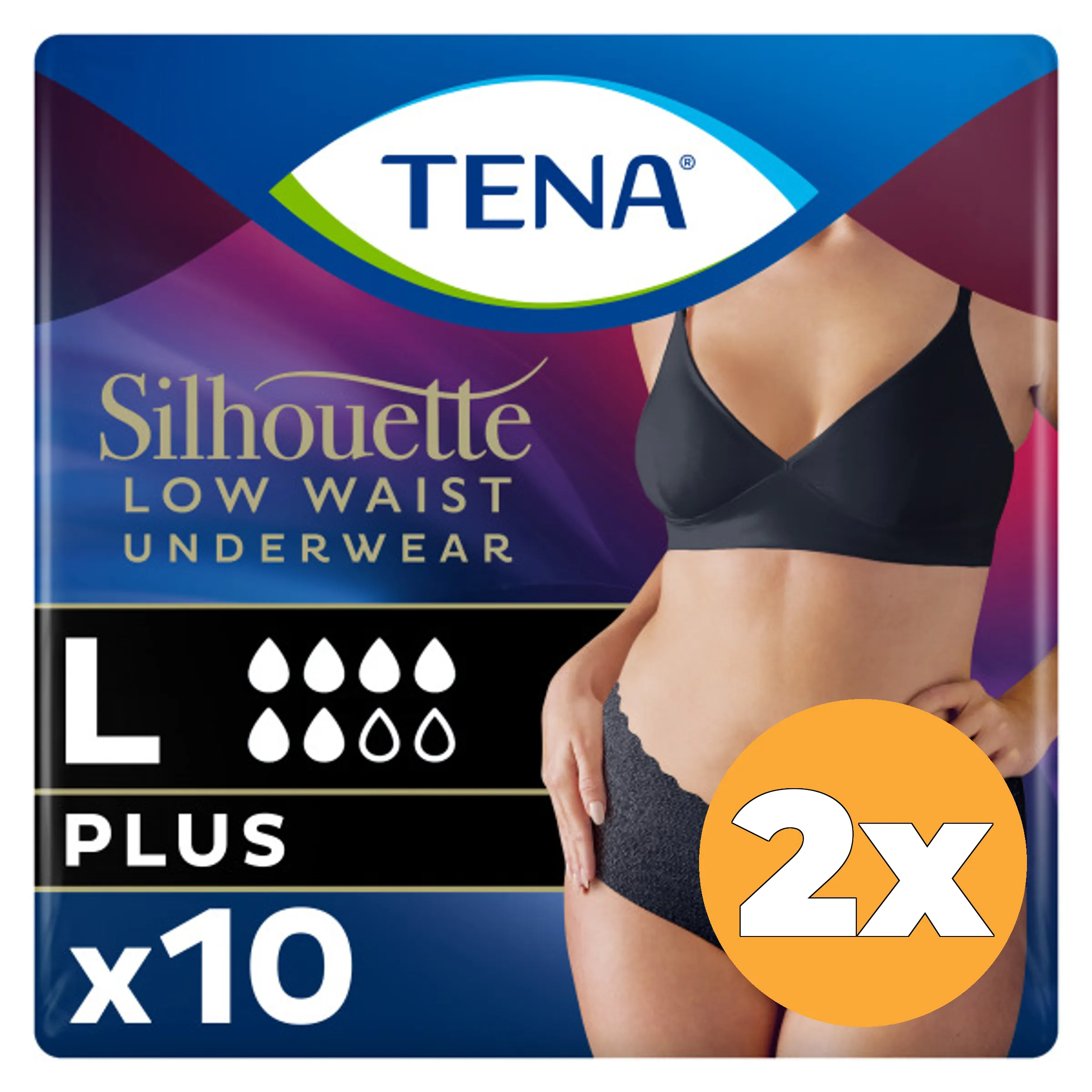 2x Tena Silhouette Plus Noir - Lage Taille L (10 stuks)
