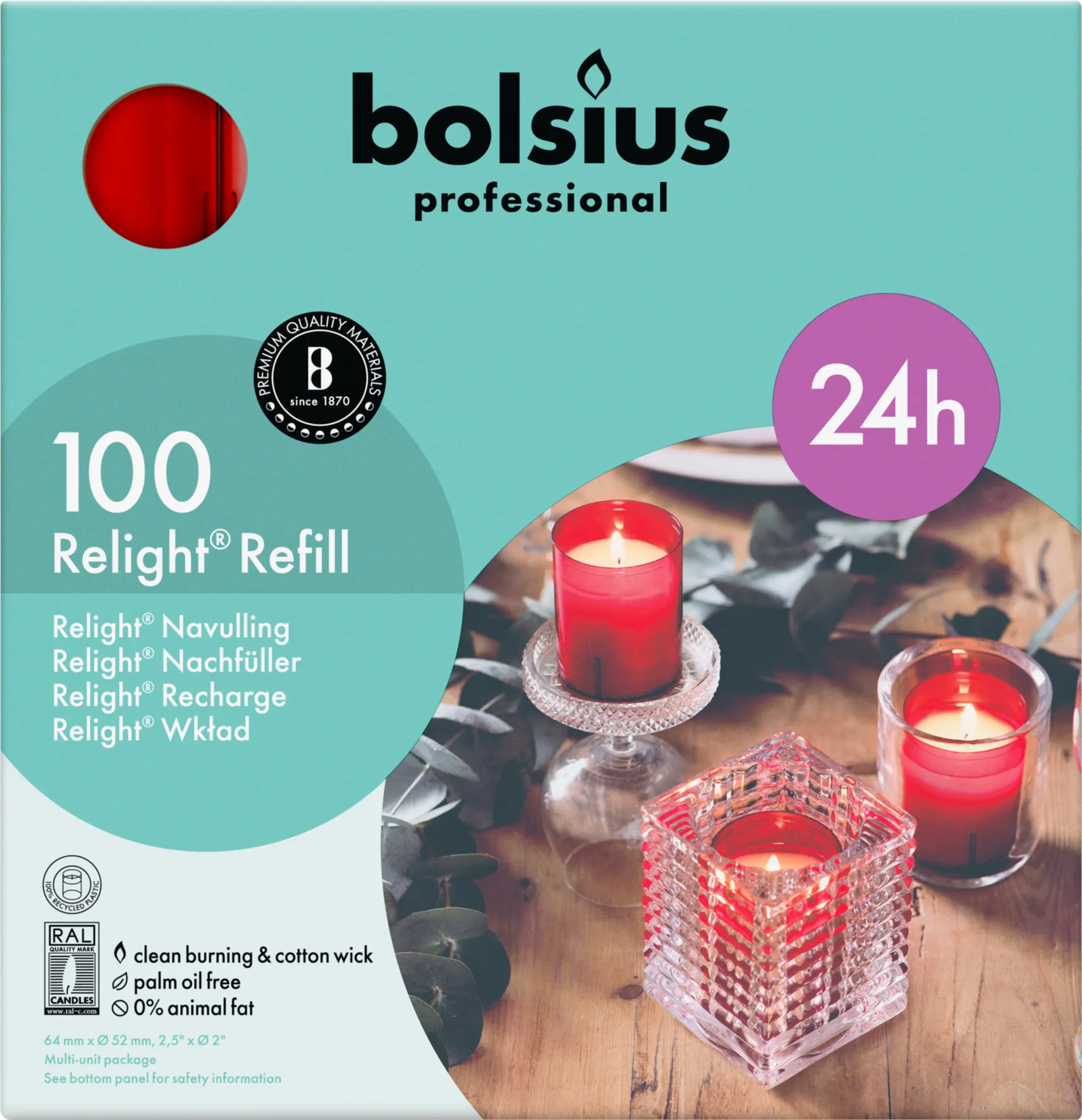 Bolsius Horeca Relight® Navullingen 64/52 Rood (100 stuks) - image 2