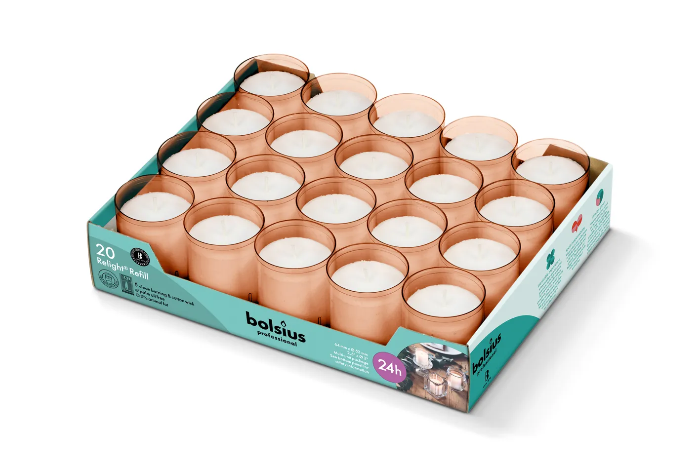 Bolsius Horeca Relight® Navullingen 64/52 Zacht Roze (20 stuks)