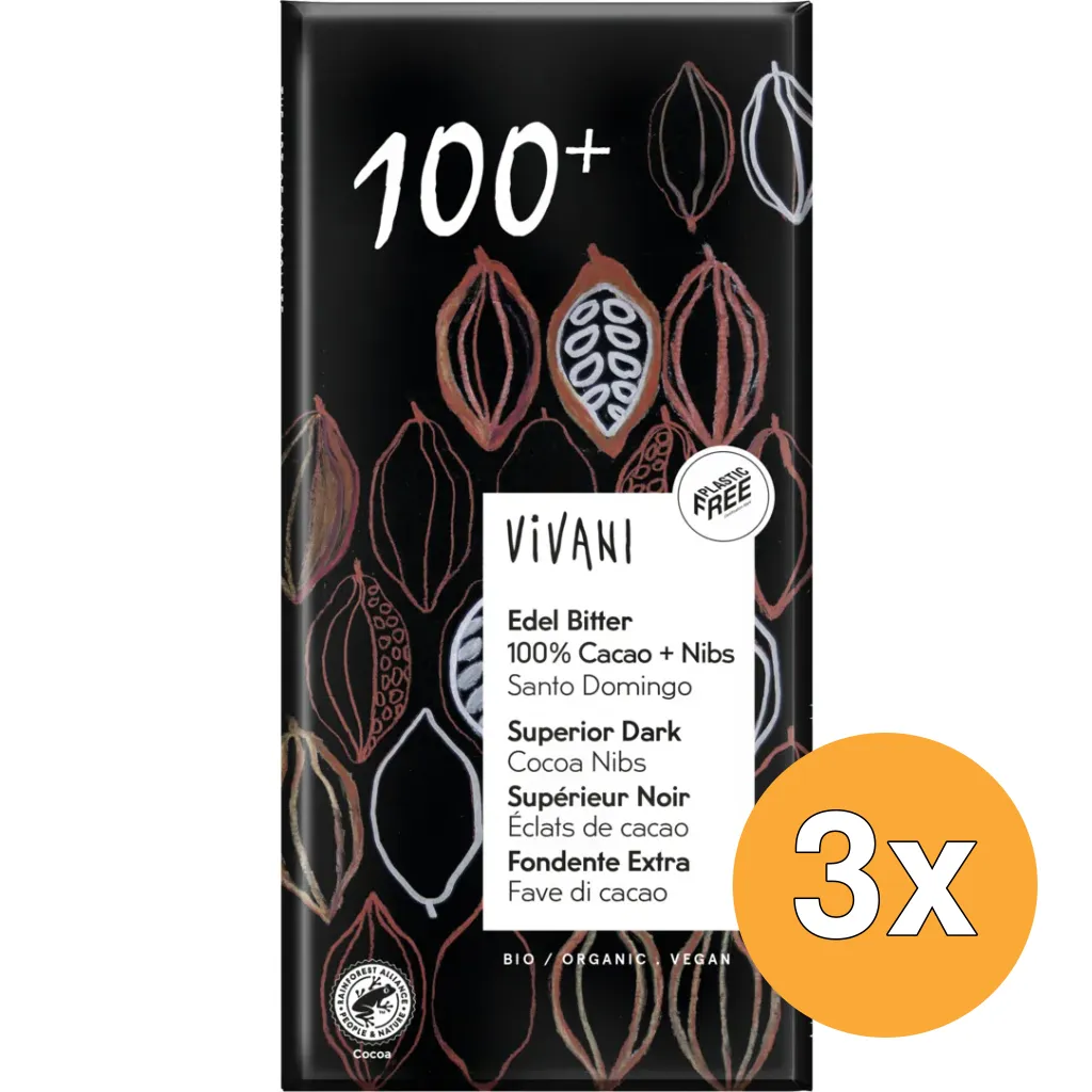 3x Vivani Chocolade Puur Superieur 100% + Cacao Nibs Bio (80 gr)