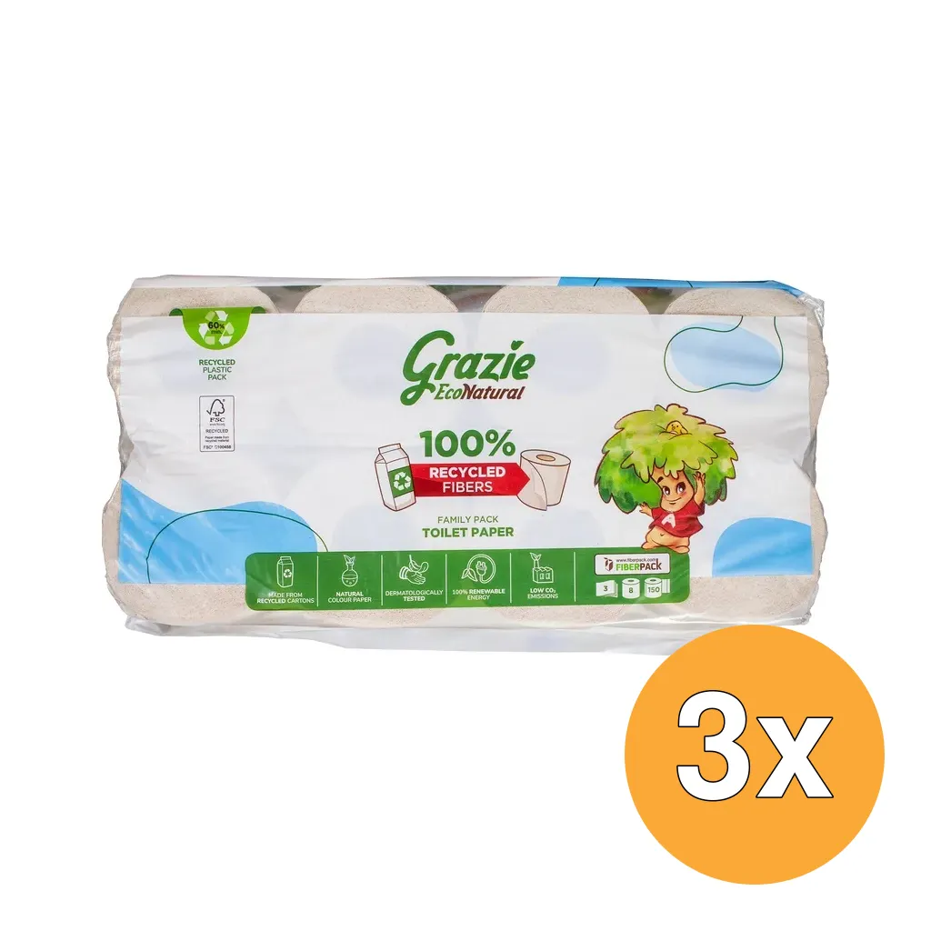 3x Grazie Natural Toiletpapier 3-laags (8 stuks)
